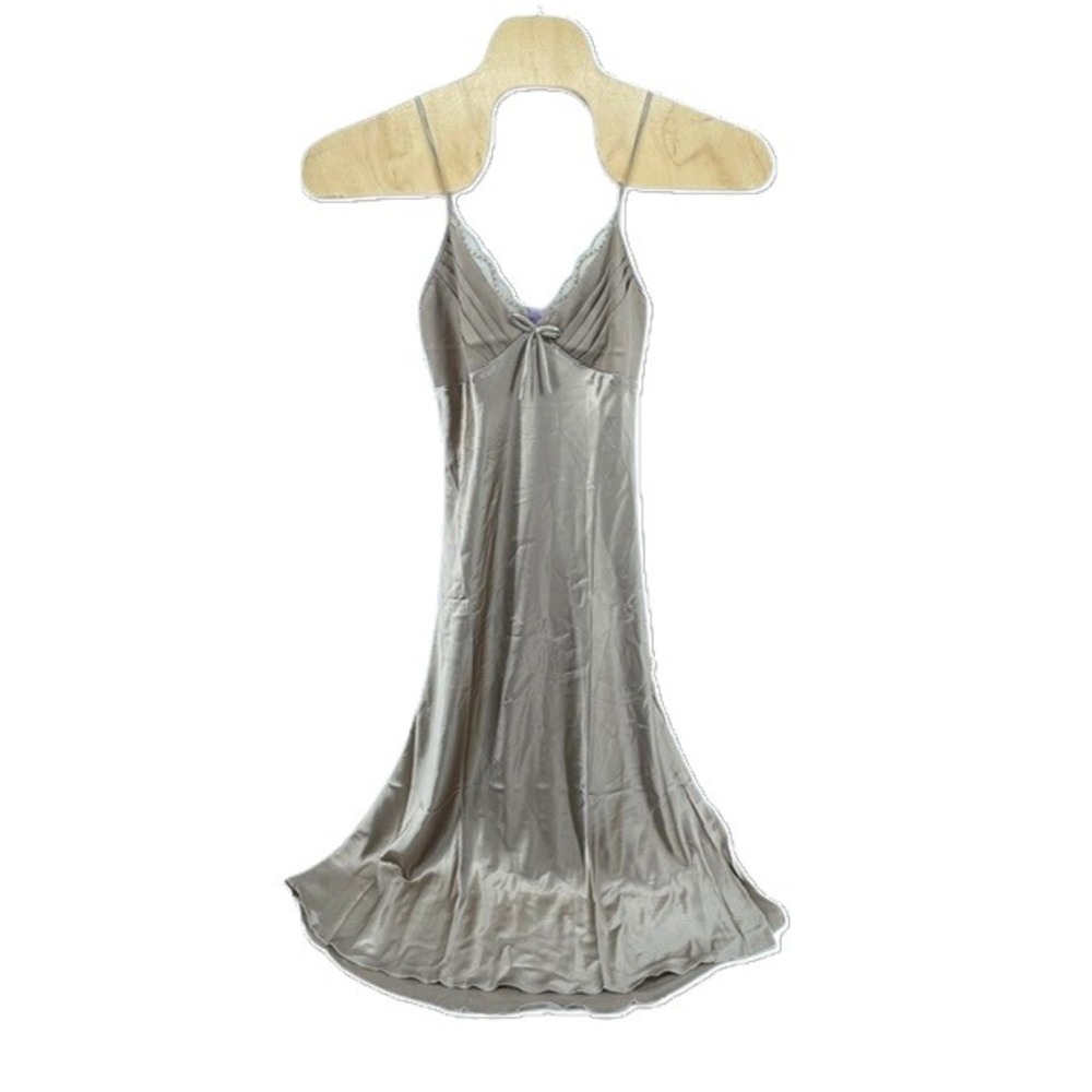 Cheibear Women Satin Nightgown Lace Trim Pleated V-Neck Chemise Champagne XL